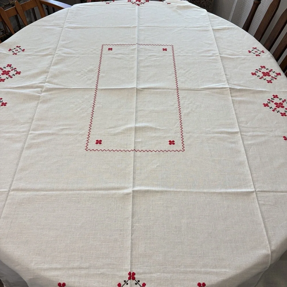 Vintage Cross Stitch Linen Tablecloth Napkin Set Red Black Folk Art Farmhouse